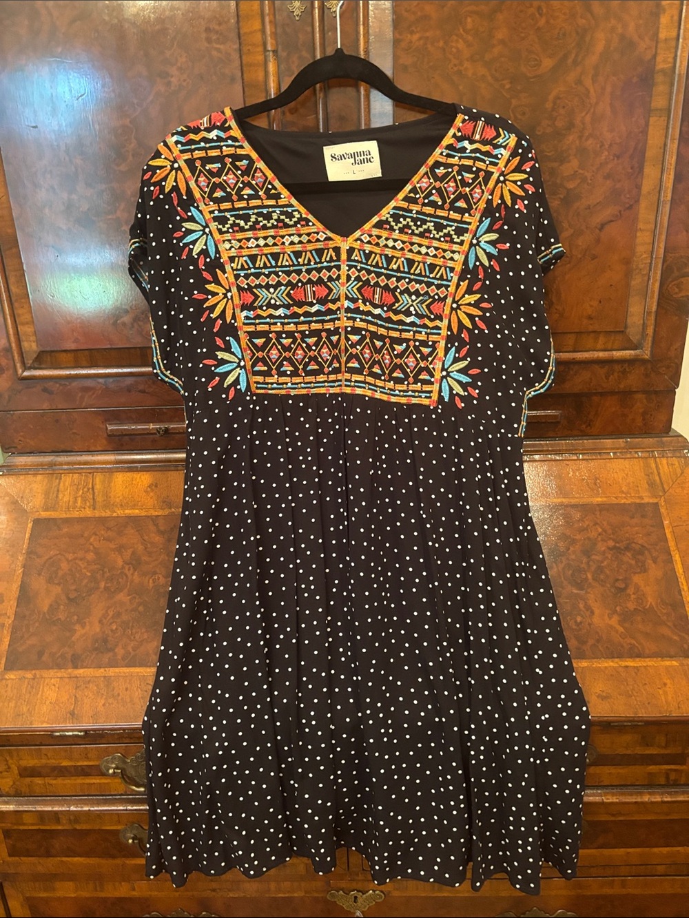 Savanna Jane Black Dress with Multicolor Embroidered Geometric Yoke